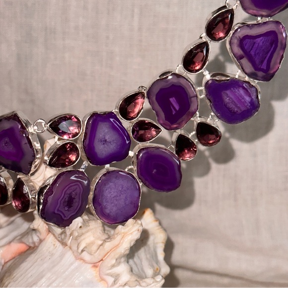 Enchanting Fuchsia Solar Quartz Druzy + Amethyst Handcrafted statement Necklace - Picture 4 of 12